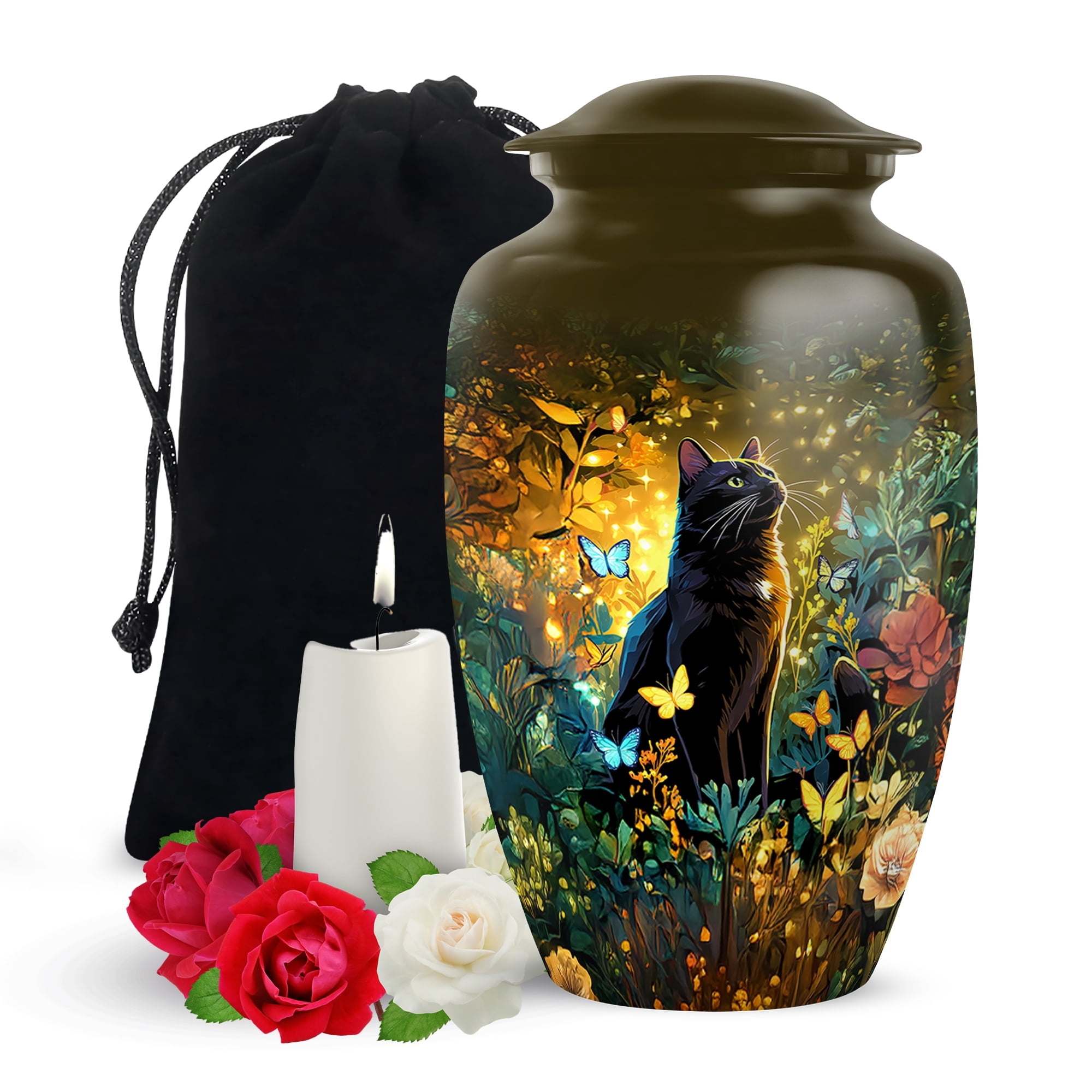 Yatskia Black Cat with Flowers Decorative Cremation Urns for Human Ashes Adult Mom and Dad, Large Funeral Urn for Ashes Adult Men, (Classic Large, 10 Inch)
