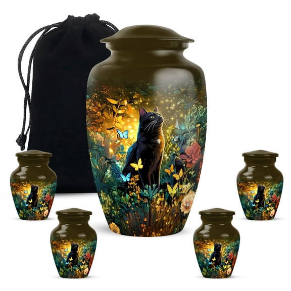 Yatskia Black Cat with Flowers Little Funeral Urns for Human Ashes Adult Mother and Father, Large Cremation Urn for Adult Ashes, (Classic 10 Inch and 3 Inch)