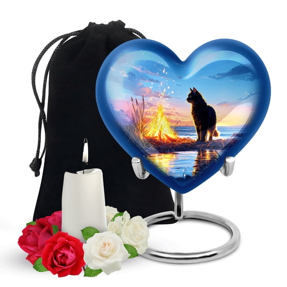 Yatskia Black Cat at Campfire Decorative Memorial Urns for Human Ashes Adult Men and Women, Large Funeral Urn for Adult Ashes, (Heart Large, 8 Inch)