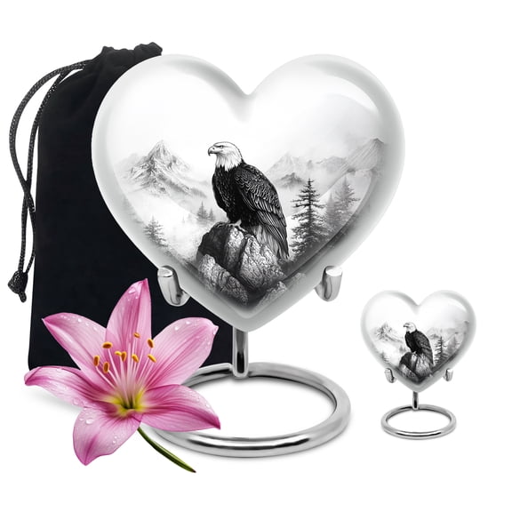 Yatskia Black and White Eagle Small Funeral Keepsake Urns for Human Ashes Adult Brother and Sister, Decorative Large Memorial Urn for Adult Ash, (Heart 8 Inch and 3 Inch)
