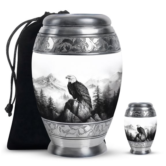 Yatskia Black & White Eagle Small Urn For Ashes Keepsake, Urns For Human Ashes Adult Men & Women, (Monar 10 Inch and 3 Inch)