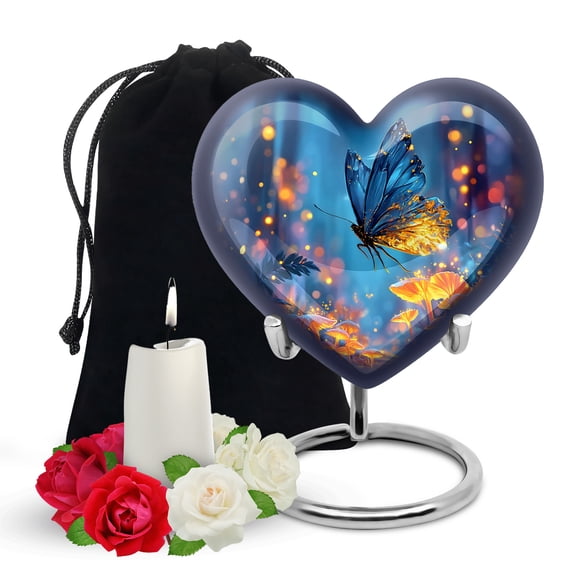 Yatskia Blue Butterfly with Blossoms Funeral Urns for Human Ashes Adult Brother and Sister, Large Memorial Burial Urn for Ashes Adult Male, (Heart Large, 8 Inch)
