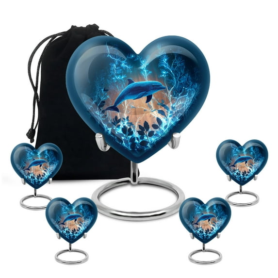 Yatskia Blue Dolphin Urns for Human Ashes Adult Man, Large Burial Urn for Ashes for Women, Small Memorial Urns for Adult Ash, (Heart 8 Inch and 3 Inch)