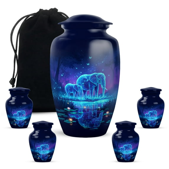 Yatskia Blue Elephant Mini Memorial Urns for Human Ashes Adult Female, Decorative Urns for Human Ash, Large Burial Urn for Ashes Adult Male, (Classic 10 Inch and 3 Inch)