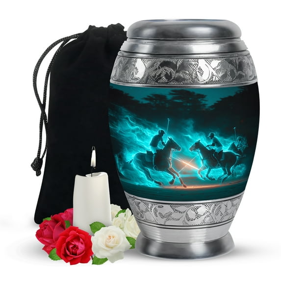 Yatskia Blue Horse Polo Large Funeral Urns for Human Ashes Adult Mom and Dad, Decorative Memorial Urn for Ashes Adult Male, (Monar Large, 10 Inch)