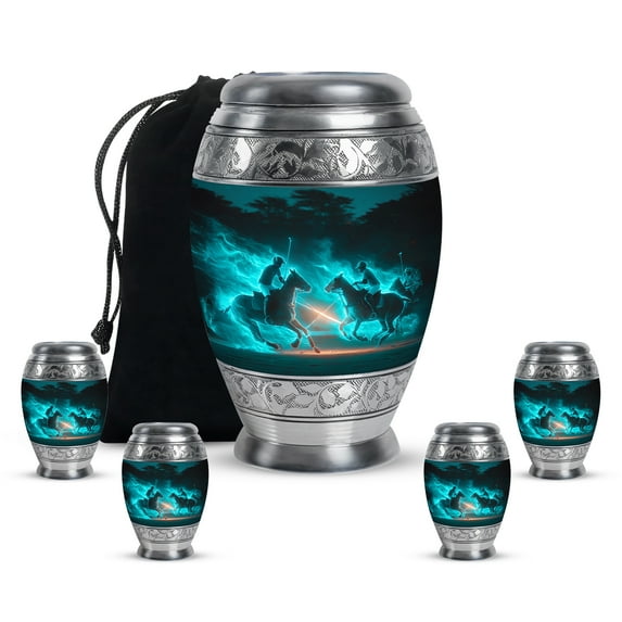 Yatskia Blue Horse Polo Mini Memorial Keepsake Urns for Human Ashes Adult Male and Female, Large Cremation Burial Urn for Ashes Adult Dad, (Monar 10 Inch and 3 Inch)
