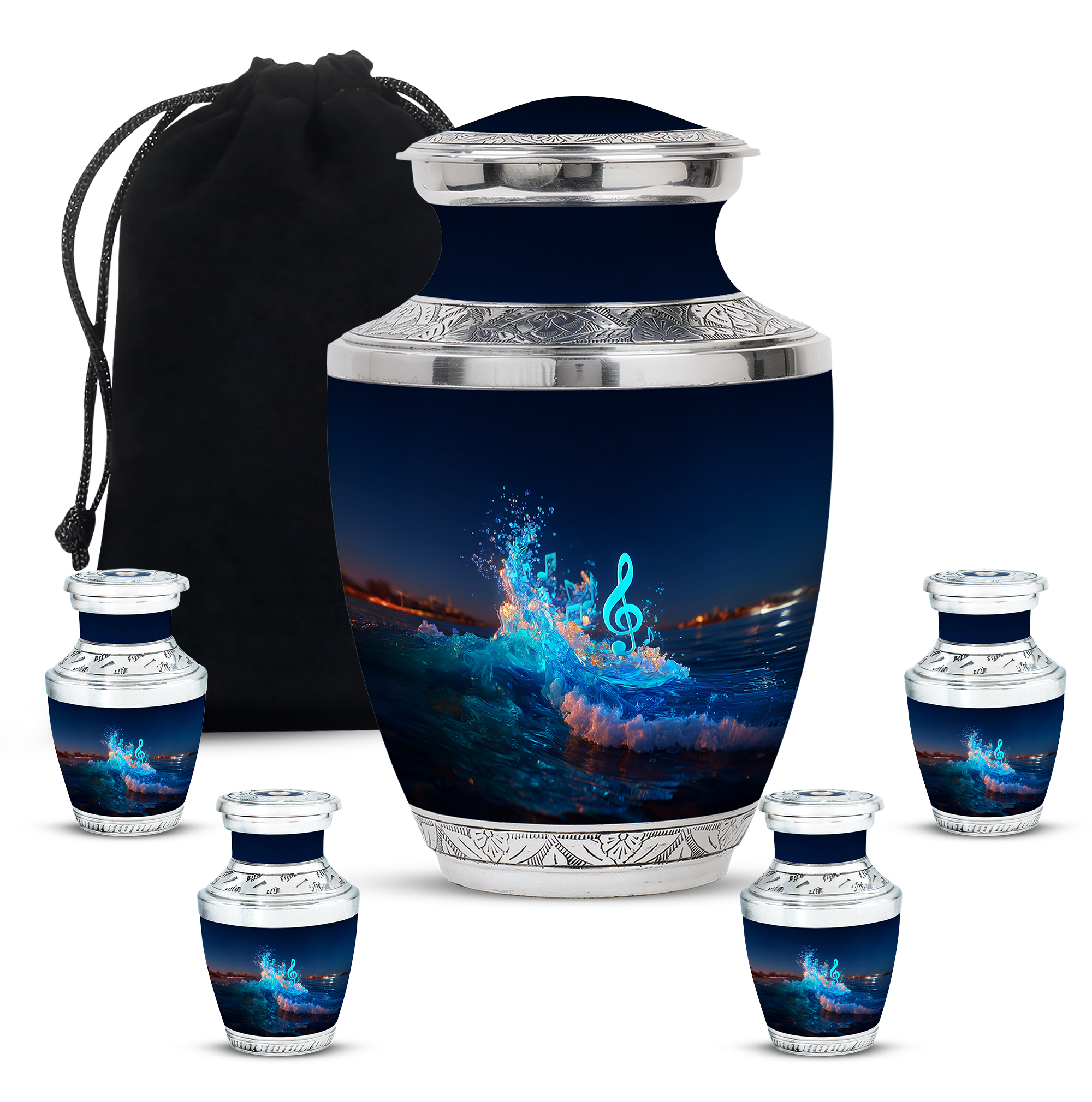 Yatskia Blue Music with Tree Mini Cremation Urns for Human Ashes Adult Male and Female, Large Cremation Urn for Ashes Adult Dad, (Tasty 10 Inch and 3 Inch)