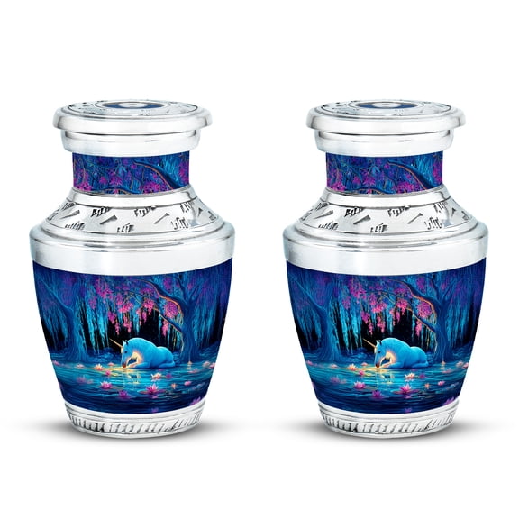 Yatskia Blue Unicorn with Flowers Mini Cremation Urns for Human Ashes Adult Men and Women, Small Urn for Adult Ashes, (Tasty Pack of 2, 3 Inch)