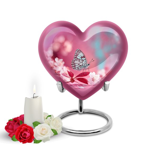 Yatskia Butterfly at Cherry Blossom Mini Memorial Keepsake Urns for Human Ashes Adult Male and Female, Small Funeral Urn for Adult Ashes, (Heart Pack of 1, 3 Inch)