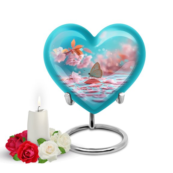 Yatskia Butterfly at Cherry Blossom Small Keepsake Urns for Human Ashes Adult Male and Female, Mini Funeral Urn for Adult Ashes, (Heart Pack of 1, 3 Inch)