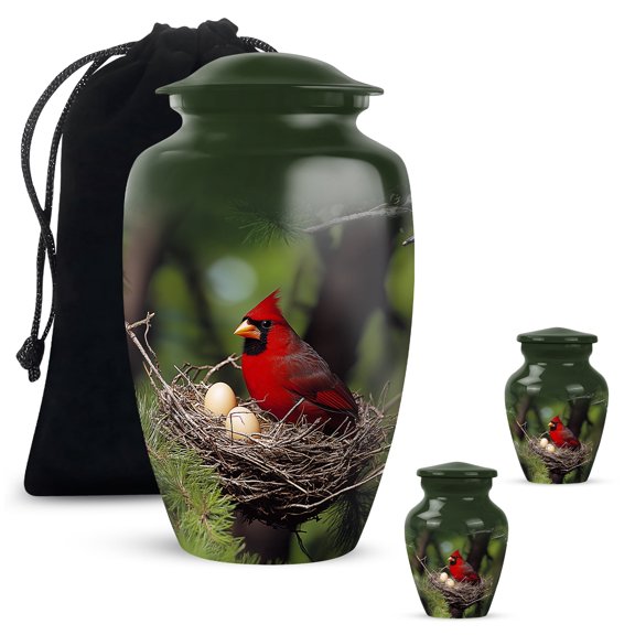 Yatskia Cardinal Bird Large Urns for Human Ashes Male and Female, Small Funeral Green Urn for Human Ashes Keepsake, (Classic 10 Inch and 3 Inch)