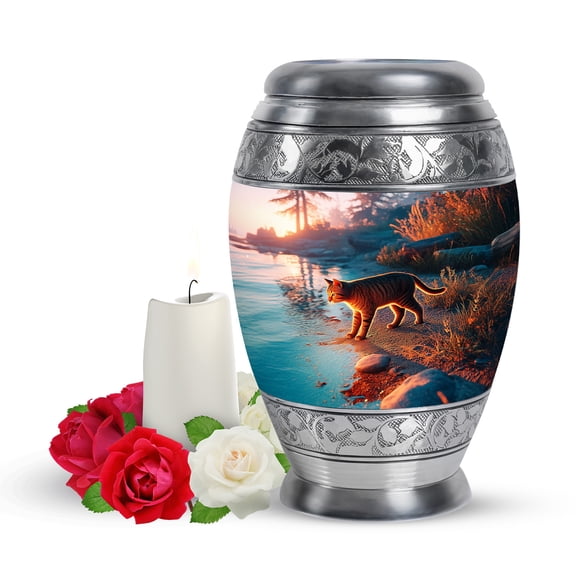 Yatskia Cat on the Sunset Small Cremation Urns for Human Ashes Adult Man, Little Funeral Blue Urn for Adult Ash for Women, (Monar Pack of 1, 3 Inch)