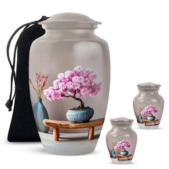 Yatskia Cherry Blossom Tree Small Urns for Human Ashes Keepsake Adult Man, Decorative Large Memorial Urn for Ashes for Women, (Classic 10 Inch and 3 Inch)