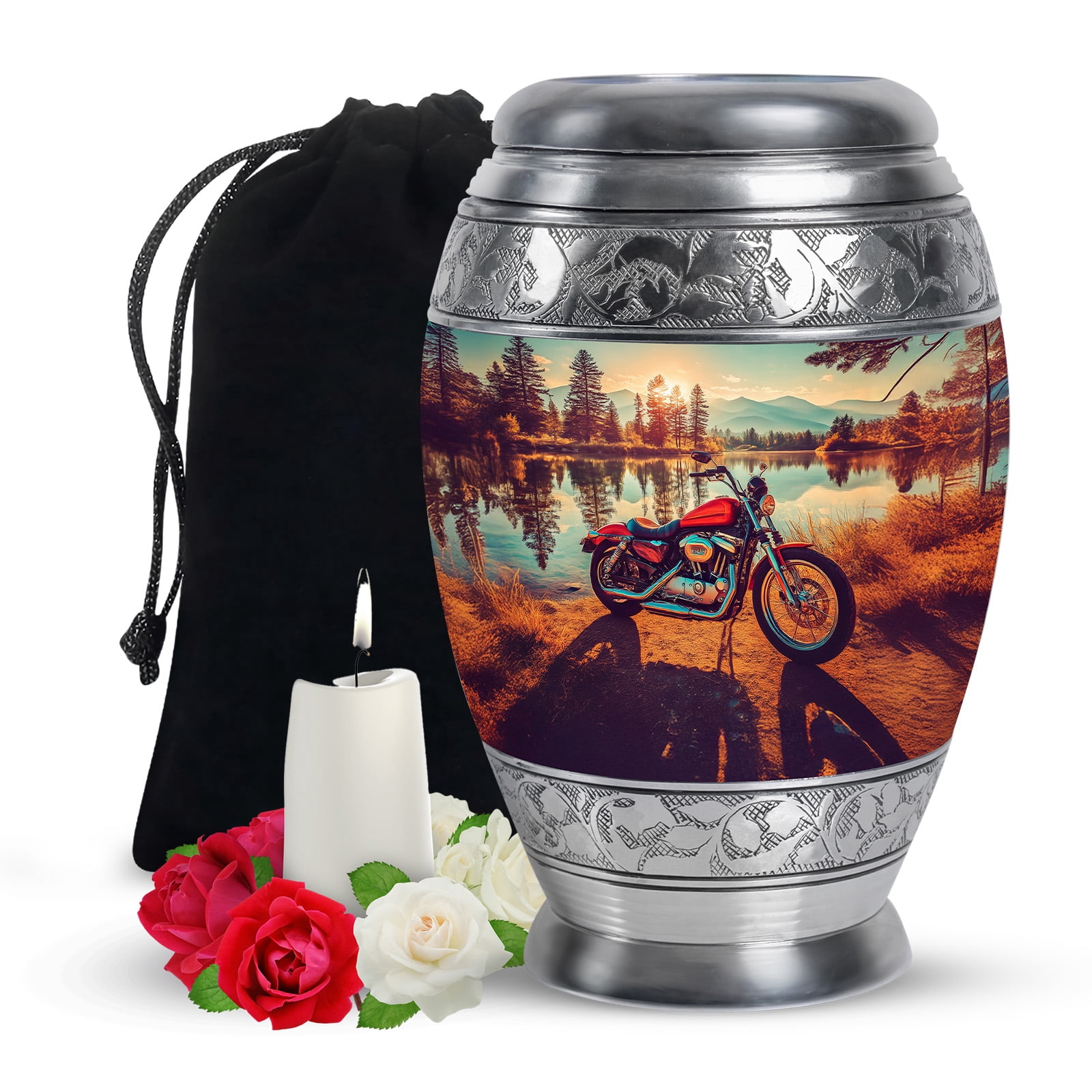 Yatskia Classic Bike on Lake Side Large Cremation Urns for Human Ashes Adult Mom and Dad, Decorative Memorial Urn for Ashes Adult, (Monar Large, 10 Inch)