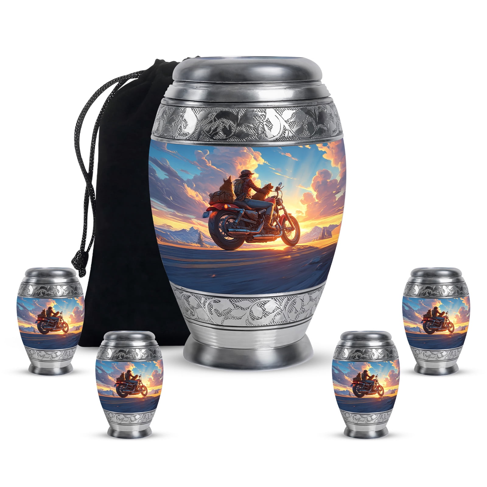 Yatskia Classic Bike with Pets Little Keepsake Urns for Human Ashes Adult Men and Women, Large Funeral Urn for Ashes Adult Dad, (Monar 10 Inch and 3 Inch)