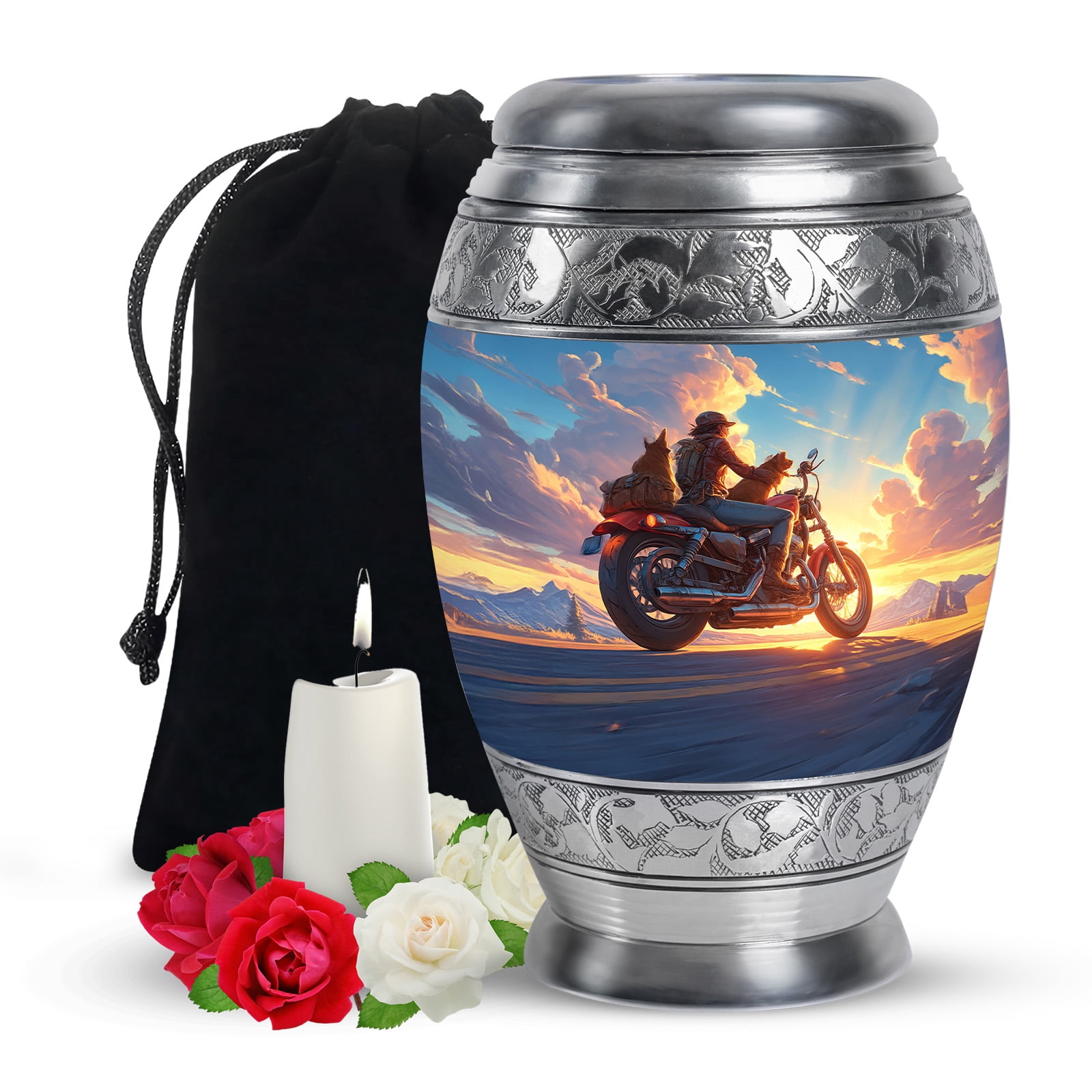 Yatskia Classic Bike with Pets Large Memorial Urn for Adult Ashes Brother and Sister, Decorative Funeral Urns for Human Ashes, (Monar Large, 10 Inch)