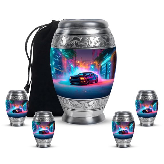 Yatskia Colorful Lightning Car Large Funeral Burial Urn for Ashes Adult Male and Female, Mini Memorial Keepsake Urns for Human Ashes Adult Dad, (Monar 10 Inch and 3 Inch)
