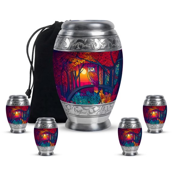 Yatskia Colorful Owl Decorative Large Funeral Urns for Human Ashes Adult Male and Female, Little Keepsake Urn for Ashes Adult Dad, (Monar 10 Inch and 3 Inch)