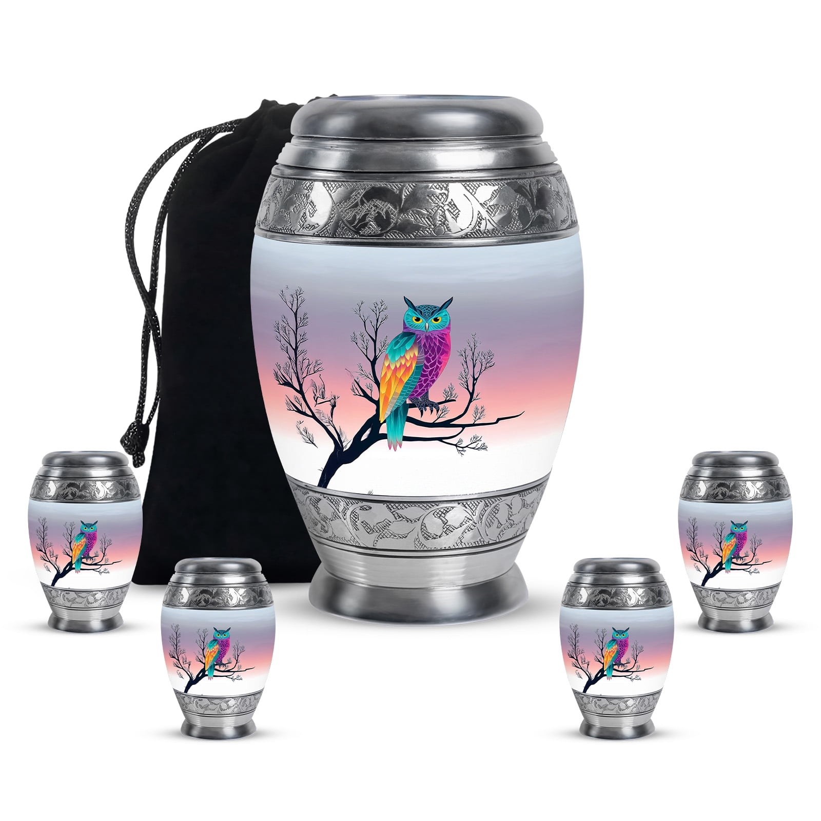Yatskia Colorful Owl Little Keepsake Urns for Human Ashes Adult Men and Women, Large Funeral Urn for Ashes Adult Dad, (Monar 10 Inch and 3 Inch)