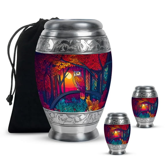 Yatskia Colorful Owl Mini Cremation Urns for Ashes Adult Mother and Father, Large Memorial Urn for Human Ashes Adult, (Monar 10 Inch and 3 Inch)