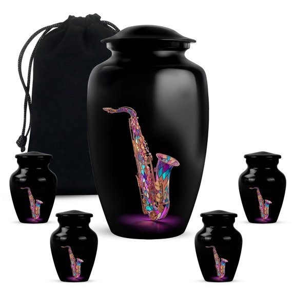 Yatskia Colorful Saxophone Mini Memorial Keepsake Urns for Human Ashes Adult Brother and Sister, Large Cremation Urn for Ashes Adult Male, (Classic 10 Inch and 3 Inch)