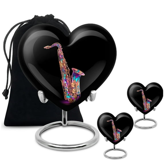 Yatskia Colorful Saxophone Mini Memorial Keepsake Urns for Human Ashes Adult Mother and Father, Large Funeral Urn for Ashes Adult Mom, (Heart 8 Inch and 3 Inch)