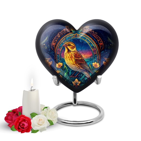Yatskia Colorful Sparrow with Blossoms Mini Funeral Keepsake Urns for Human Ashes Adult Man, Little Memorial Burial Urn for Ashes for Women, (Heart Pack of 1, 3 Inch)