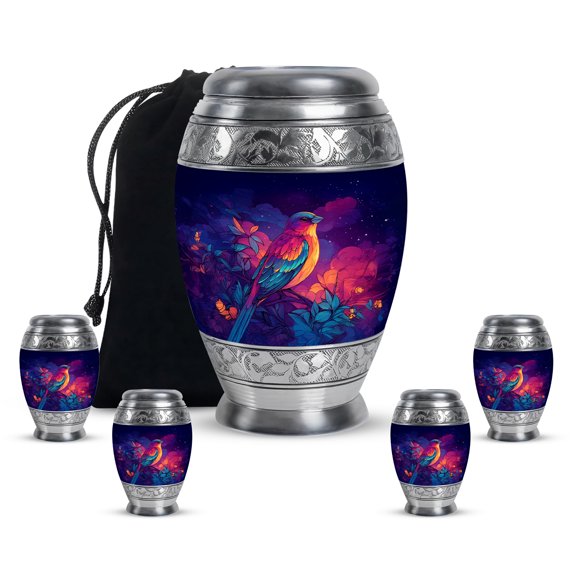 Yatskia Colorful Sparrow Mini Memorial Urns for Human Ashes Adult Mother and Father, Large Cremation Urn for Ashes Adult, (Monar 10 Inch and 3 Inch)