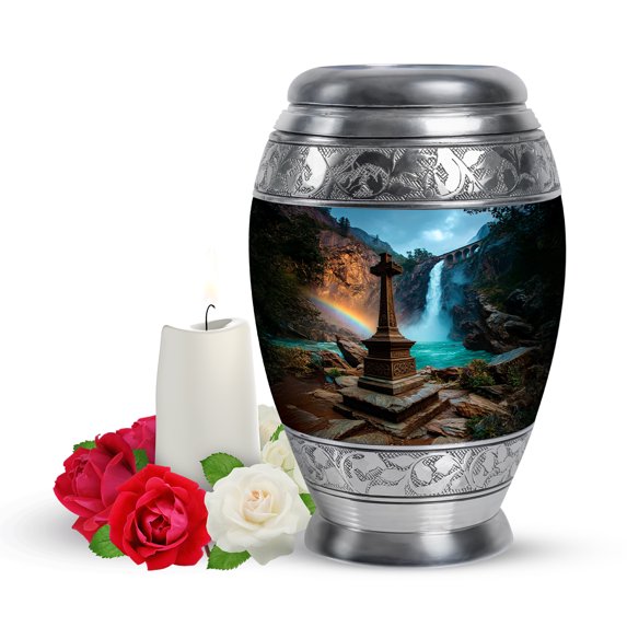 Yatskia Cross with Rainbow Waterfall Little Cremation keepsake Urn for Ashes Adult Mother and Father, Small Memorial Burial Urns for Human Ashes Adult Female, (Monar Pack of 1, 3 Inch)