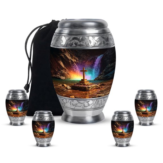 Yatskia Cross with Waterfall Large Cremation Burial Urns for Human Ashes Adult Man, Little Funeral Keepsake Urn for Ashes for Women, (Monar 10 Inch and 3 Inch)