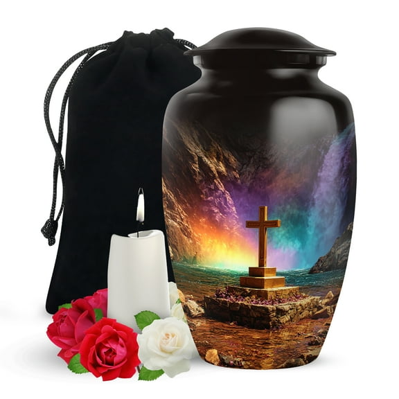 Yatskia Cross with Waterfall Large Memorial Urns for Human Ashes Adult Mother and Father, Decorative Cremation Urn for Ashes Adult Male, (Classic Large, 10 Inch)