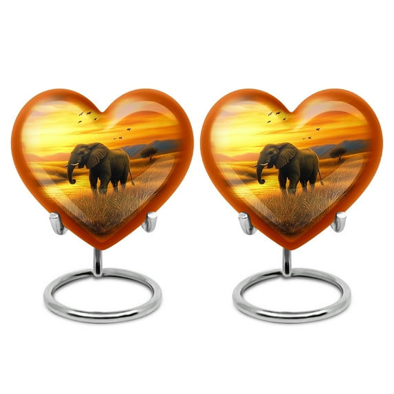 Yatskia Elephant at Sunset Mini Cremation Urns for Adult Ashes Mother and Father, Small Funeral Urn for Human Ashes Keepsake, (Heart 3 Inch, Pack of 2)