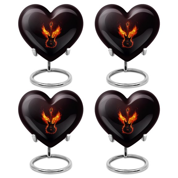 Yatskia Fire Angel Wings Guitar Little Keepsake Urns for Human Ashes Adult Brother and Sister, Small Funeral Urn for Ashes Adult, (Heart 3 Inch, Pack of 4)