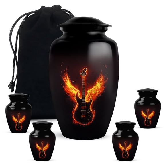 Yatskia Fire Angel Wings Guitar Little keepsake Urn for Adult Ashes Male and Female, Decorative Large Funeral Urn for Human Ashes Adult, (Classic 10 Inch and 3 Inch)