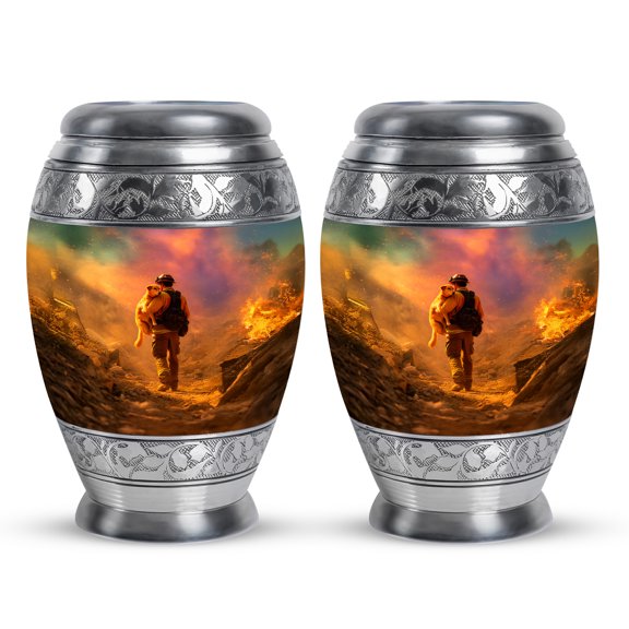 Yatskia Fire Fighter with Dog Little Burial Keepsake Urns for Human Ashes Adult, Decorative Small Funeral Urn for Adult Ashes, (Monar Pack of 2, 3 Inch)