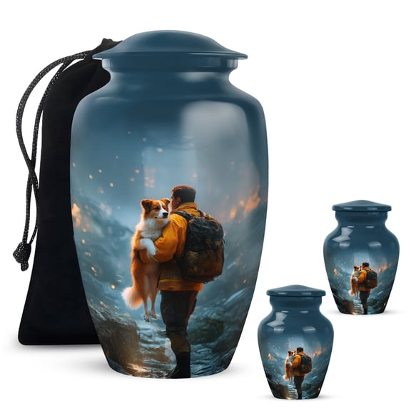 Yatskia Fire Fighter with Dog Mini Cremation Keepsake Urns for Human Ashes Adult Mother and Father, Decorative Large Funeral Urn for Ashes Adult, (Classic 10 Inch and 3 Inch)