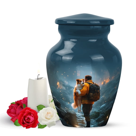 Yatskia Fire Fighter with Dog Small Urns for Human Ashes Keepsake Adult Male and Female, Mini Memorial Burial Urn for Ashes Adult Dad, (Classic Pack of 1, 3 Inch)