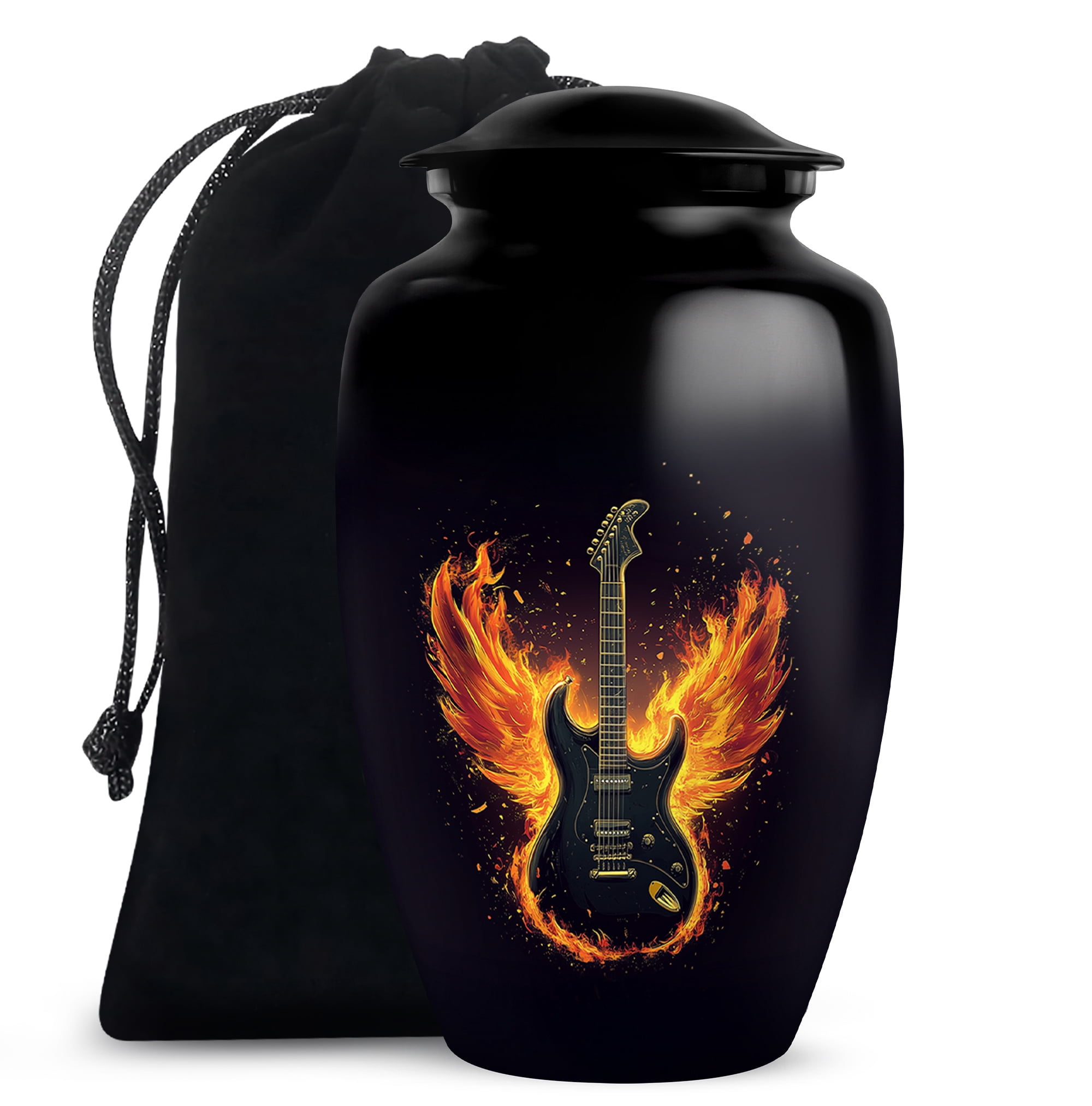 Yatskia Flaming Angel Wings Guitar Black Urns for Adult Ashes Brother and Sister, Decorative Cremation Urn for Human Ashes, (Classic Large, 10 Inch)