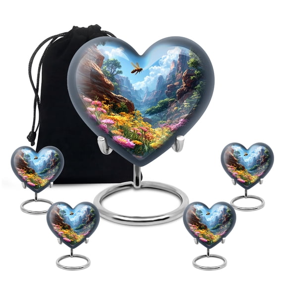 Yatskia Flying Bee at Blossoms Decorative Large Cremation Urn for Ashes Adult Brother and Sister, Small Memorial Keepsake Urns for Human Ashes Adult Female, (Heart 8 Inch and 3 Inch)