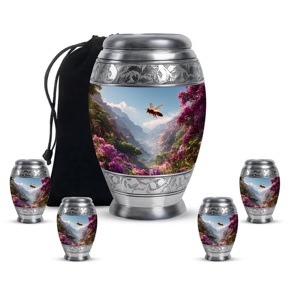 Yatskia Flying Bee at Blossoms Large Cremation Urns for Human Ashes Adult Men and Women, Mini Memorial Burial Urn for Ashes Adult Male, (Monar 10 Inch and 3 Inch)