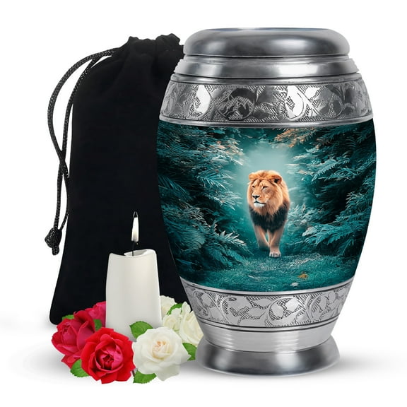 Yatskia Forest Lion Large Funeral Urns for Human Ashes Adult Male and Female, Cremation Blue Urn for Adult Ash, (Monar Large, 10 Inch)