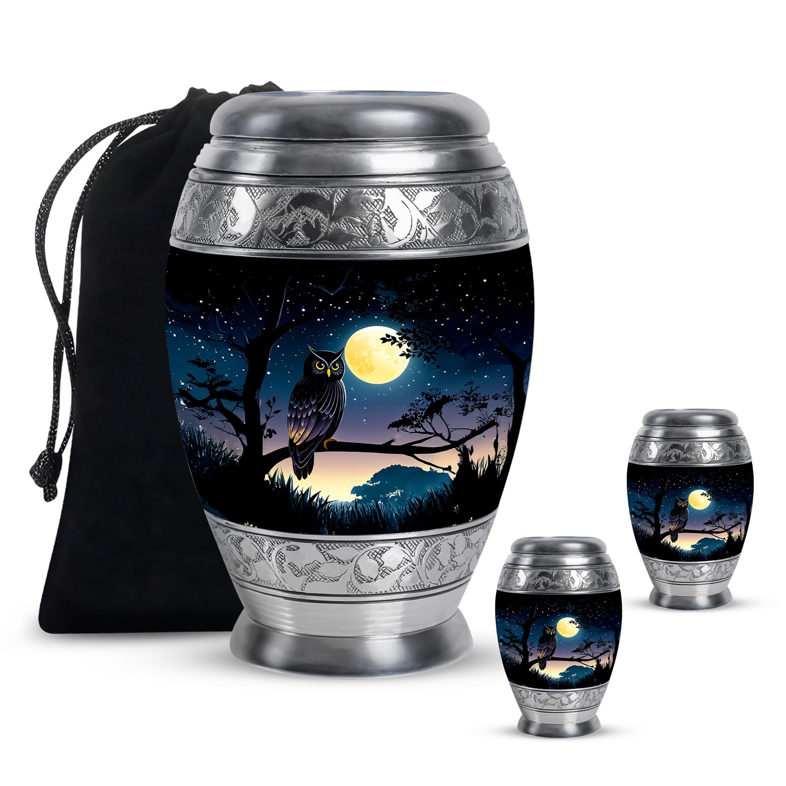 Yatskia Full Moon Owl Large Cremation Urns for Human Ashes Adult Brother and Sister, Small Memorial Keepsake Urn for Adult Ashes, (Monar 10 Inch and 3 Inch)
