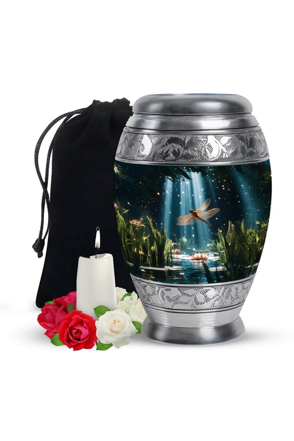 Golden Dragonfly Urns for Human Ashes Adult Man, Cremation Burial Urn for Ashes for Women, Decorative Urns for Human Ash, (Monar Large, 10 Inch)