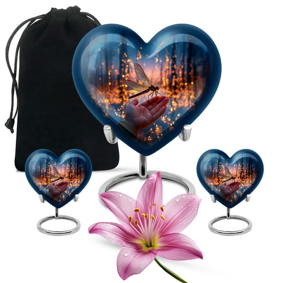 Yatskia Golden Light Dragonfly Large Memorial Urns for Human Ashes Adult Mom and Dad, Mini Cremation Urn for Adult Ashes, (Heart 8 Inch and 3 Inch)