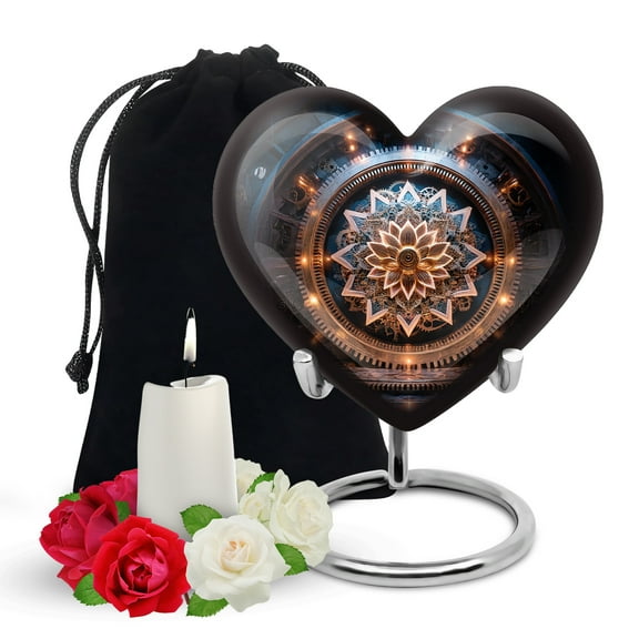 Yatskia Golden Lotus Large Memorial Urns for Human Ashes Adult Male and Female, Decorative Cremation Urn for Ashes Adult Dad, (Heart Large, 8 Inch)