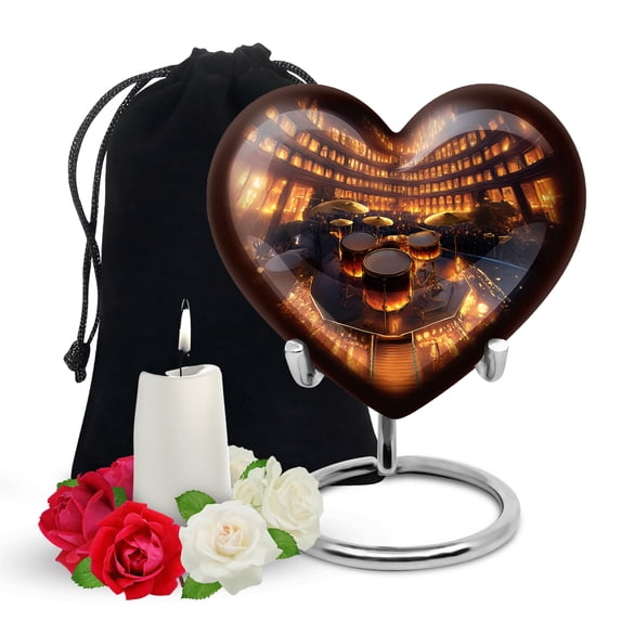 Yatskia Golden Stage Drums Large Cremation Urns for Human Ashes Adult Mother and Father, Decorative Memorial Urn for Ashes Adult Male, (Heart Large, 8 Inch)