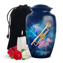 Yatskia Golden Trumpet with Flowers Large Memorial Burial Urns for Human Ashes Adult Brother and Sister, Decorative Cremation Urn for Ashes Adult Male, (Classic Large, 10 Inch)