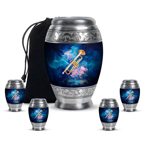 Yatskia Golden Trumpet with Flowers Mini Memorial Keepsake Urns for Human Ashes Adult Mother and Father, Large Cremation Burial Urn for Ashes Adult Male, (Monar 10 Inch and 3 Inch)