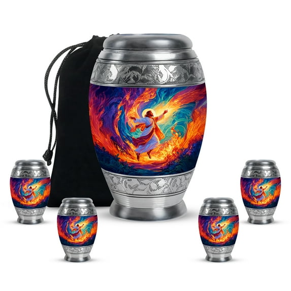 Yatskia Jesus at Fire Small Cremation Keepsake Urns for Human Ashes Adult Male and Female, Large Funeral Burial Urn for Adult Ash, (Monar 10 Inch and 3 Inch)