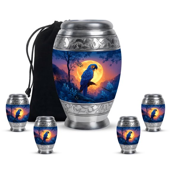 Yatskia Moonlight Blue Parrot Large Urns for Human Ashes Adult Female, Memorial Burial Urn for Human Ash, Decorative Funeral Urn for Ashes Adult Male, (Monar 10 Inch and 3 Inch)